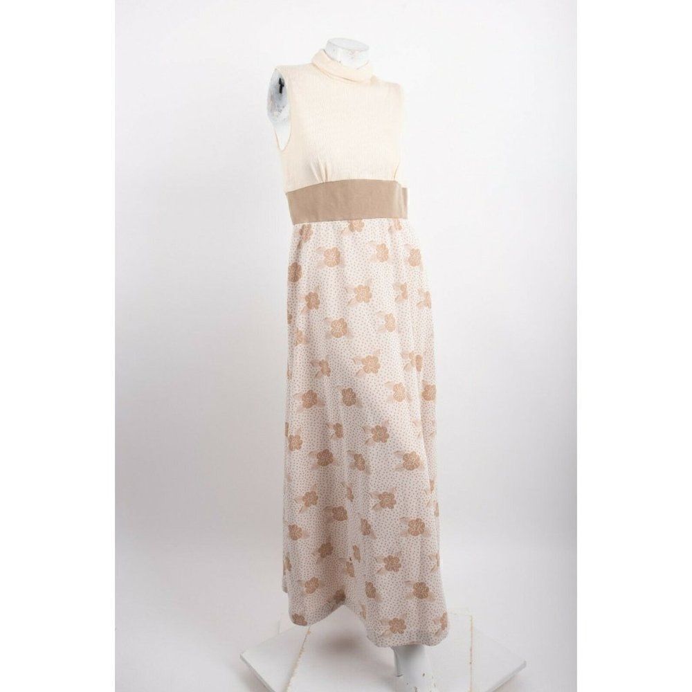 Vintage 70s Womans Maxi Dress Size 16 M Beige Tan Floral Turtleneck Sleeveless